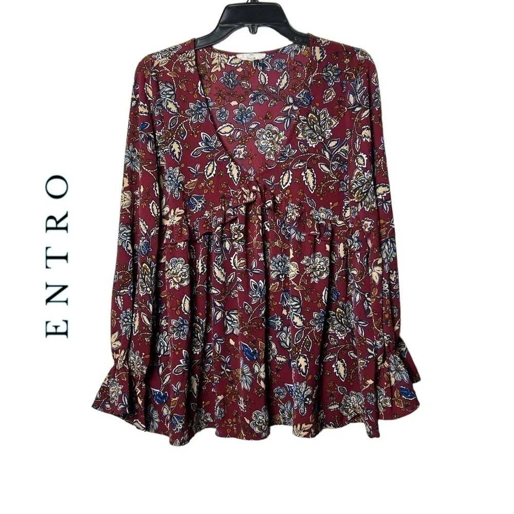 1676. ENTRO LONG SLEEVE TUNIC TOP SIZE SMALL MAROON/BLUE/GOLD/WHITE/BROWN COLORS